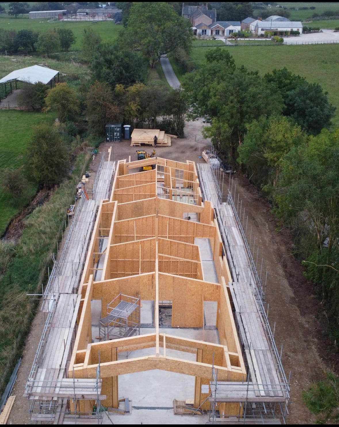 Aerial view of a timber frame installation