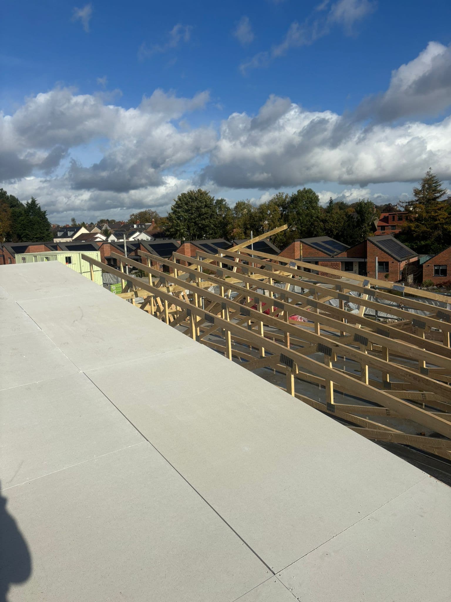 Roof trusses during installation